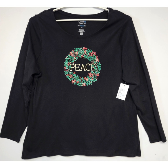 croft & barrow Tops - Croft & Barrow Shirt Womens 1X Black Christmas Peace Wreath Long Sleeve Tee New